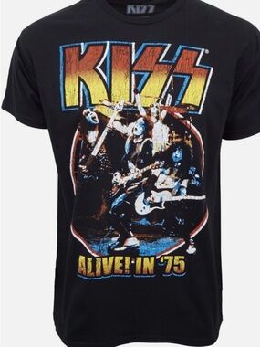 Kiss Black Tee with Yellow, Orange & Blue Graphic
